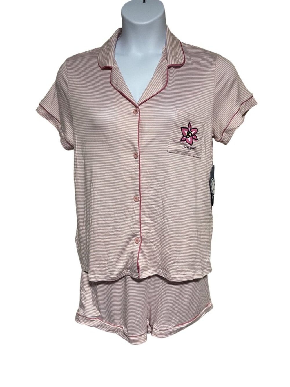 Life Is Good Womens Striped Pajama Set Button Up Top & Shorts Pink White M/L